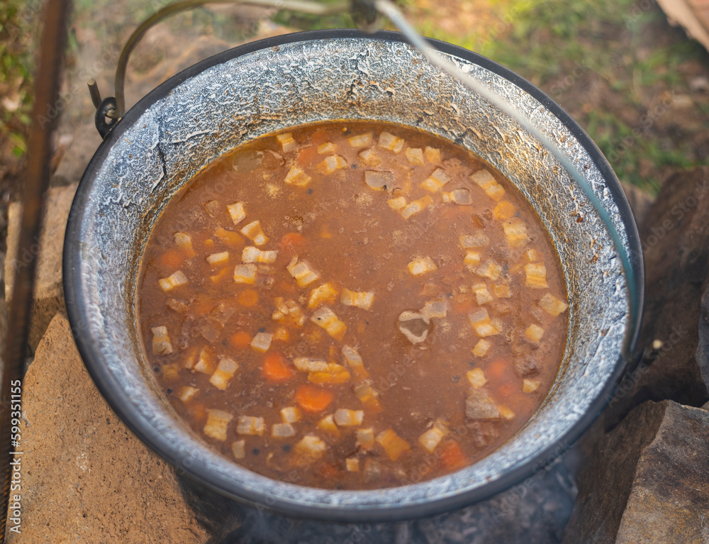 Delicious meal (goulash) made on traditional way in fish pot on camp fire