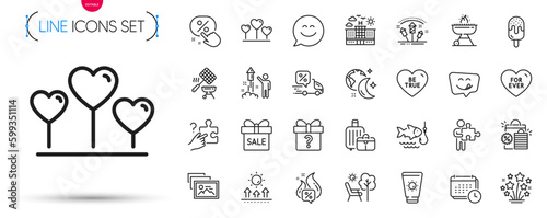 Pack of Calendar, For ever and Fireworks stars line icons. Include Love heart, Fireworks rocket, Hot offer pictogram icons. Baggage, Shopping bags, Photo album signs. Grill. Vector
