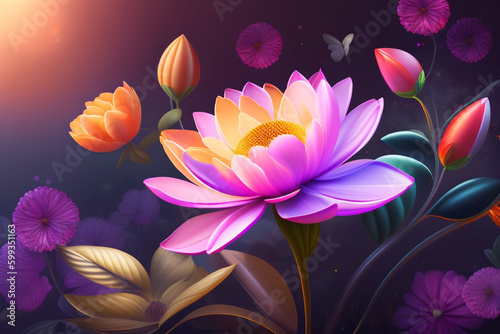 A colorful flower wallpaper with a butterfly on it. Generative Ai