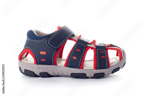 A blue childrens sandal isolated on white background. Kids leather shoes