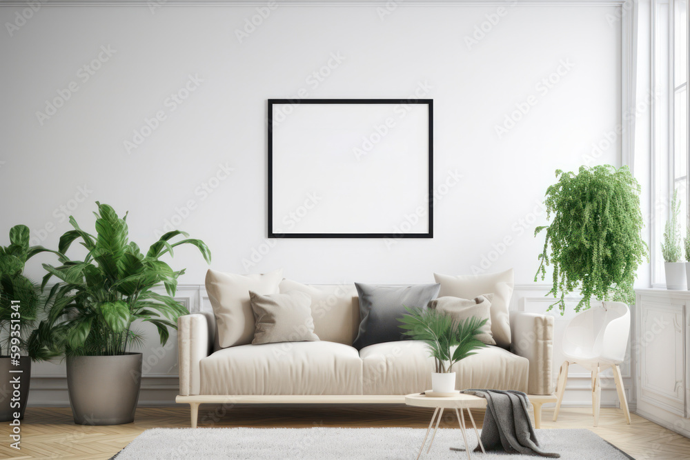 Scandinavian Living Room Elegance: Blank Poster Frame Mockup with Natural Light and Greenery Scandinavian Living Room Elegance: Blank Poster Frame Mockup with Natural Light and Greenery