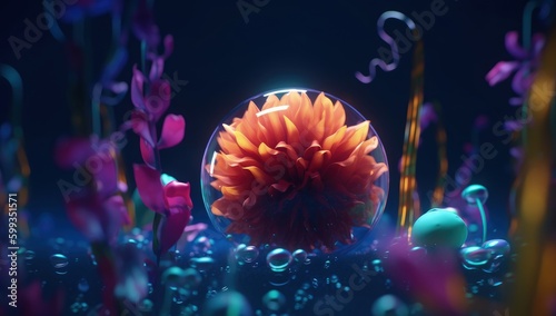surreal installations of an underwater neon colorful flower © davstudio