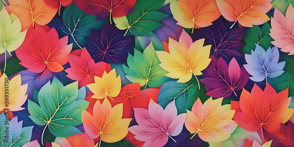 Abstract colorful leaves panorama wallpaper background. Generative AI