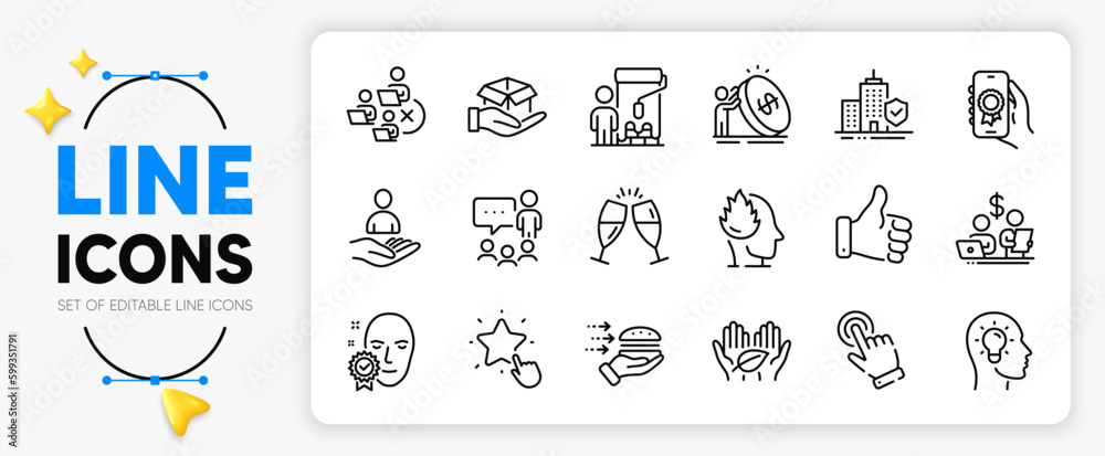 Fair trade, Inflation and Like hand line icons set for app include Painter, Hold box, Stress outline thin icon. Recruitment, Champagne glasses, People chatting pictogram icon. Vector
