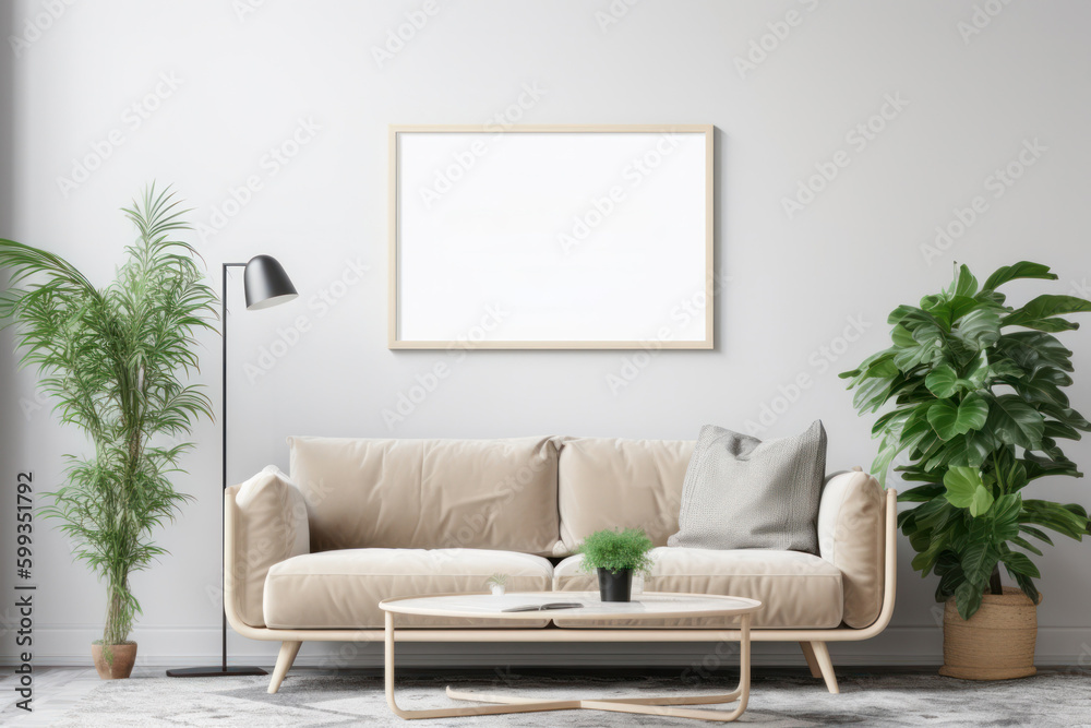 Fototapeta premium Scandinavian Living Room Elegance with Blank Poster Frame and Lush Greenery