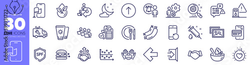 Search statistics, Left arrow and Job line icons pack. Medical syringe, Exit, Dot plot web icon. Sausage, Bill accounting, Organic product pictogram. Swipe up, Love, Car service. Deal. Vector