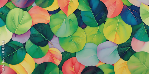 Abstract colorful leaves panorama wallpaper background. Generative AI