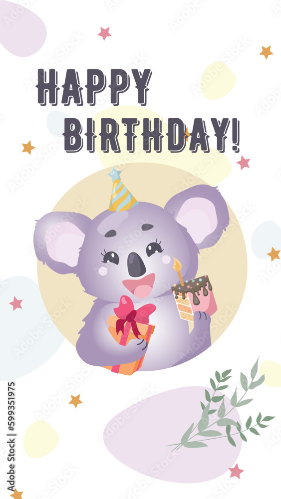 Happy birthday card with a cute koala. Children's postcard, greeting card, poster, cover.