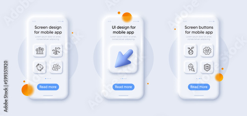 Inspect, Intestine and Cogwheel line icons pack. 3d phone mockups with cursor. Glass smartphone screen. Currency rate, Windmill turbine, Save planet web icon. Vector