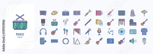 A collection sheet of linear color icons for Music instrument, including icons like Accordion, Bell, Boombox, and more