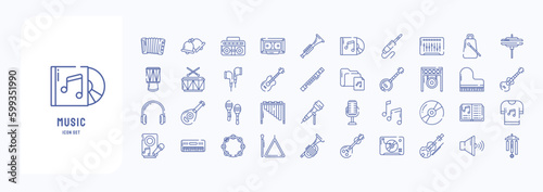 A collection sheet of outline icons for Music instrument, including icons like Accordion, Bell, Boombox, and more