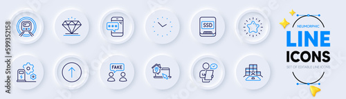 Phone password, Charging station and Star line icons for web app. Pack of Customer survey, Swipe up, Ssd pictogram icons. Metro subway, Work home, Fake information signs. Time, Diamond. Vector