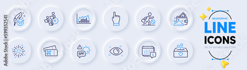 Spf protection, Hypoallergenic tested and Calendar line icons for web app. Pack of Donation, Click hand, Infographic graph pictogram icons. Add team, Launder money, Boarding pass signs. Vector