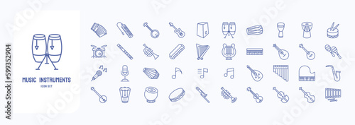 A collection sheet of outline icons for Music Instruments, including icons like Accordion, Banjo, Bass Guitar, Conga and more