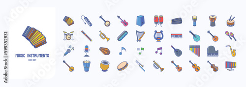 A collection sheet of linear color icons for Music Instruments, including icons like Accordion, Banjo, Bass Guitar, Conga and more