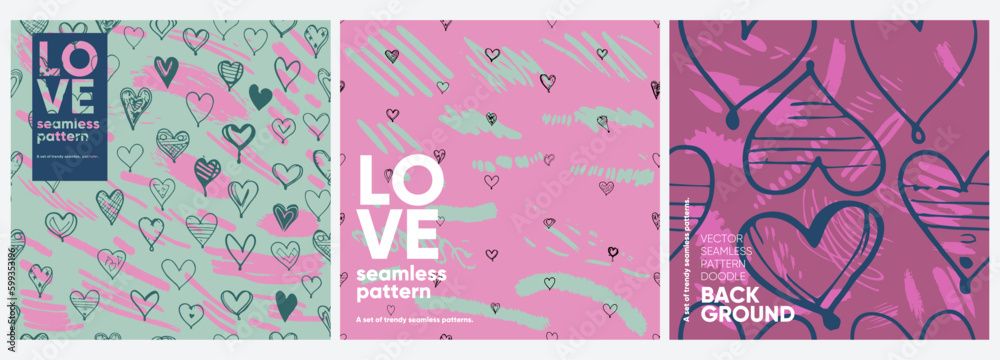 Heart. Love background. A set of vector seamless patterns. Trending illustrations for t-shirt prints, posters, labels, music covers.