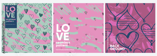 Heart. Love background. A set of vector seamless patterns. Trending illustrations for t-shirt prints, posters, labels, music covers.