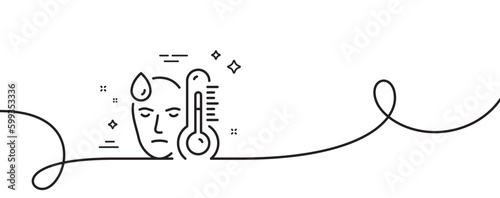 Sick man with fever line icon. Continuous one line with curl. Temperature thermometer sign. Flu illness symbol. Fever single outline ribbon. Loop curve pattern. Vector
