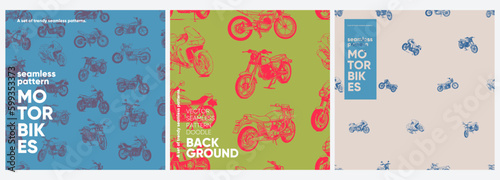 Motorbike. A set of vector seamless patterns. Trending illustrations for t-shirt prints, posters, labels, music covers.