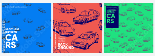 Cars pattern. A set of vector seamless patterns. Trending illustrations for t-shirt prints, posters, labels, music covers.