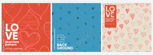 Heart. Love background. A set of vector seamless patterns. Trending illustrations for t-shirt prints, posters, labels, music covers.