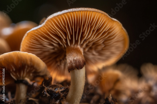 big mushroom macro texture. Mushroom growing on forest floor. AI generated content