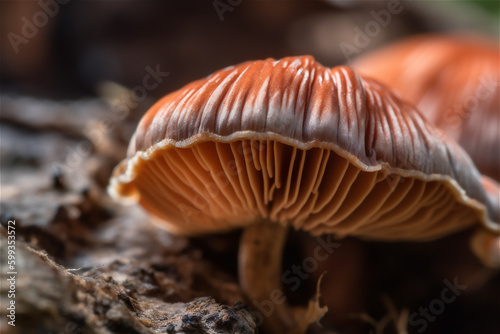big mushroom macro texture. Mushroom growing on forest floor. AI generated content