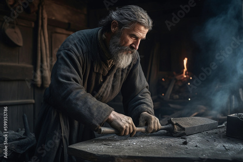 Non-existing, fictional, ki-generated blacksmith at work 