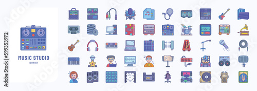 A collection sheet of linear color icons for Music Studio, including icons like Amplifier Box, Amplifier, Audio Files, Bass  and more