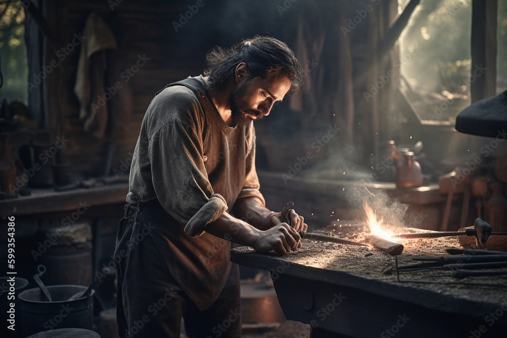 Non-existing, fictional, ki-generated blacksmith at work