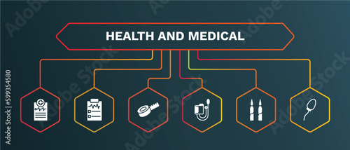 set of health and medical white filled icons. health and medical filled icons with infographic template. flat icons such as medical result, measure tape, sphygmomanometer, ampoule, spermatozoon