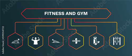 set of fitness and gym white filled icons. fitness and gym filled icons with infographic template. flat icons such as bodybuilder, push up, gymnastic roller, protein shake, exercise hang bar vector.