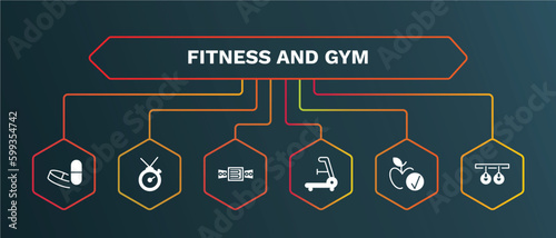 set of fitness and gym white filled icons. fitness and gym filled icons with infographic template. flat icons such as training watch, athletic strap, rowing hine, good diet, gymnastic rings vector.