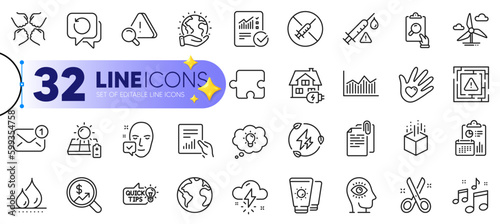 Outline set of Inspect, Cut and New message line icons for web with Solar panel, Music, Maze attention thin icon. Meditation eye, Puzzle, Sunscreen pictogram icon. Thunderstorm weather. Vector