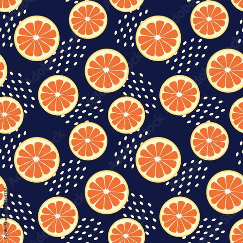 Orange citrus slice irregular seamless pattern on dark background. Modern summer fresh design. Vector illustration.