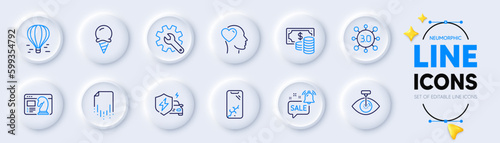 Ice cream, Eye laser and Seo strategy line icons for web app. Pack of Car charging, Web3, Promotion bell pictogram icons. Smartphone broken, Customisation, Coins banknote signs. Vector