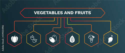 set of vegetables and fruits white filled icons. vegetables and fruits filled icons with infographic template. flat icons such as hazelnut, breast milk fruit, papaya, cauliflower, mango vector.