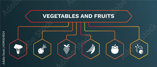 set of vegetables and fruits white filled icons. vegetables and fruits filled icons with infographic template. flat icons such as beetroot, grapes, peas, mangosteen, blueberry vector.