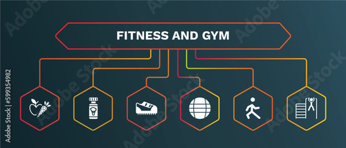 set of fitness and gym white filled icons. fitness and gym filled icons with infographic template. flat icons such as broccoli porcion, trainers, power ball, stretching leg exercise, tightening bar