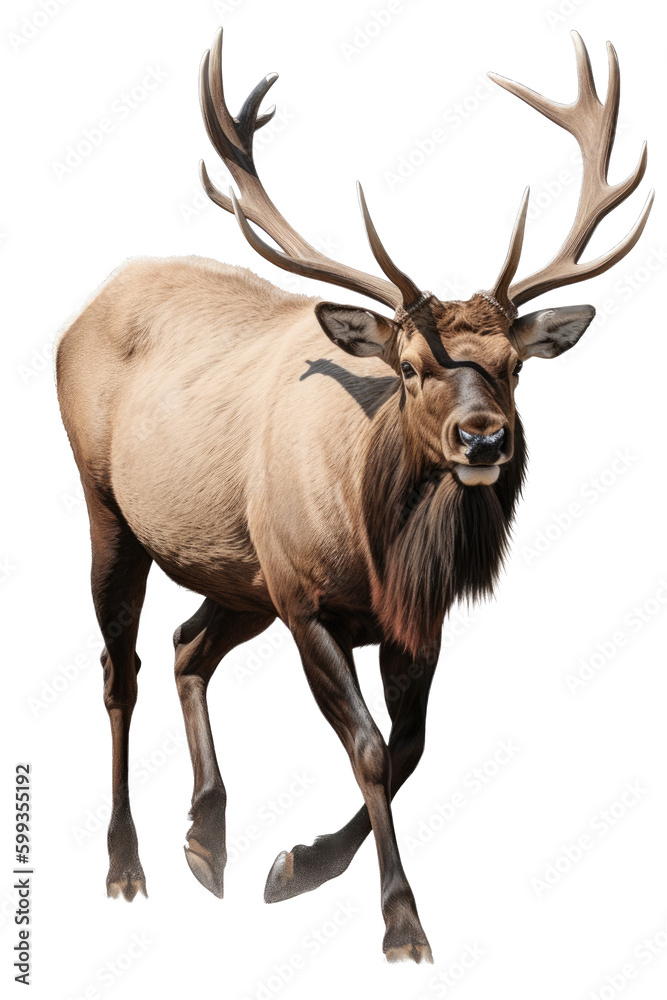 an isolated Bull Elk running with large antlers, strong and muscular, Wildlife-themed photorealistic illustration on a transparent background cu,tout in PNG. generative ai an isolated Bull Elk running with large antlers, strong and muscular, Wildlife-themed photorealistic illustration on a transparent background cu,tout in PNG. generative ai