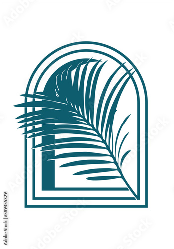 Silhouette of palm tree leaf coming out from arch window. Minimalistic logo design template for touristic or cosmetic business. Isolated on white background. Vector illustration exotic summer vacation