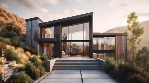 Get inspired by this breathtaking stock image showcasing a gorgeous contemporary house design featuring an impressive entrance with a dramatic roofline and panoramic views of the surrounding nature.