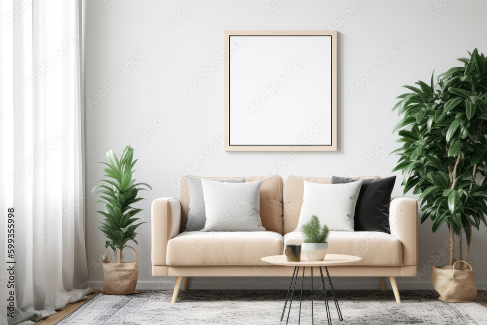 Chic Nordic Living Space with Empty Frame and Verdant Accents Chic Nordic Living Space with Empty Frame and Verdant Accents