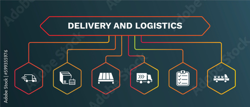 set of delivery and logistics white filled icons. delivery and logistics filled icons with infographic template. flat icons such as delivery schedule, pallet, truck, clipboard, cargo vector.
