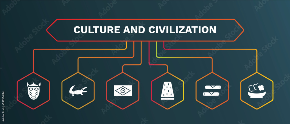 set of culture and civilization white filled icons. culture and civilization filled icons with infographic template. flat icons such as australian alligator, brazil flag, turron, spring rolls, onion