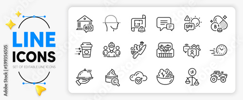 Restaurant food, Tractor and Work home line icons set for app include Engineering plan, Fast delivery, Discrimination outline thin icon. Toolbox, Collagen skin, Engineering team pictogram icon. Vector