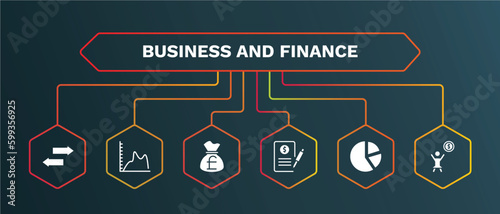 set of business and finance white filled icons. business and finance filled icons with infographic template. flat icons such as smooth line chart, pounds money bag, bailment, pie chart file, woman