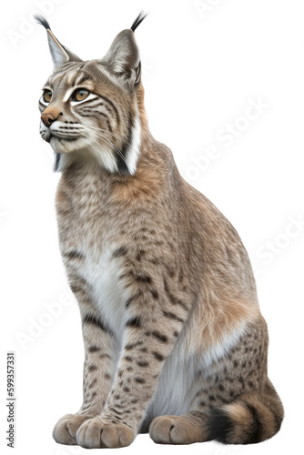 an isolated Bobcat, stunning, sitting, 3/4, and frontal view, a wildlife theme, photorealistic illustrations cutout, in PNG. generative ai