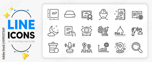 Coronavirus statistics, Waterproof and Electronic thermometer line icons set for app include Internet book, Night weather, Document outline thin icon. Artificial intelligence. Vector