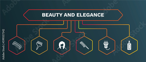 set of beauty and elegance white filled icons. beauty and elegance filled icons with infographic template. flat icons such as tint brush, woman face, inclined comb, hair clipper, inclined bottle